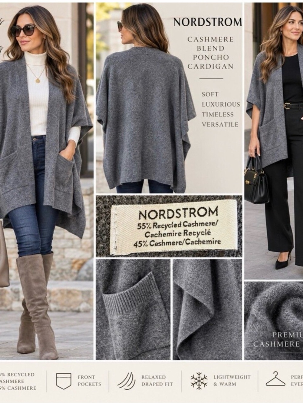 Nordstrom Gray Cashmere Poncho Cardigan